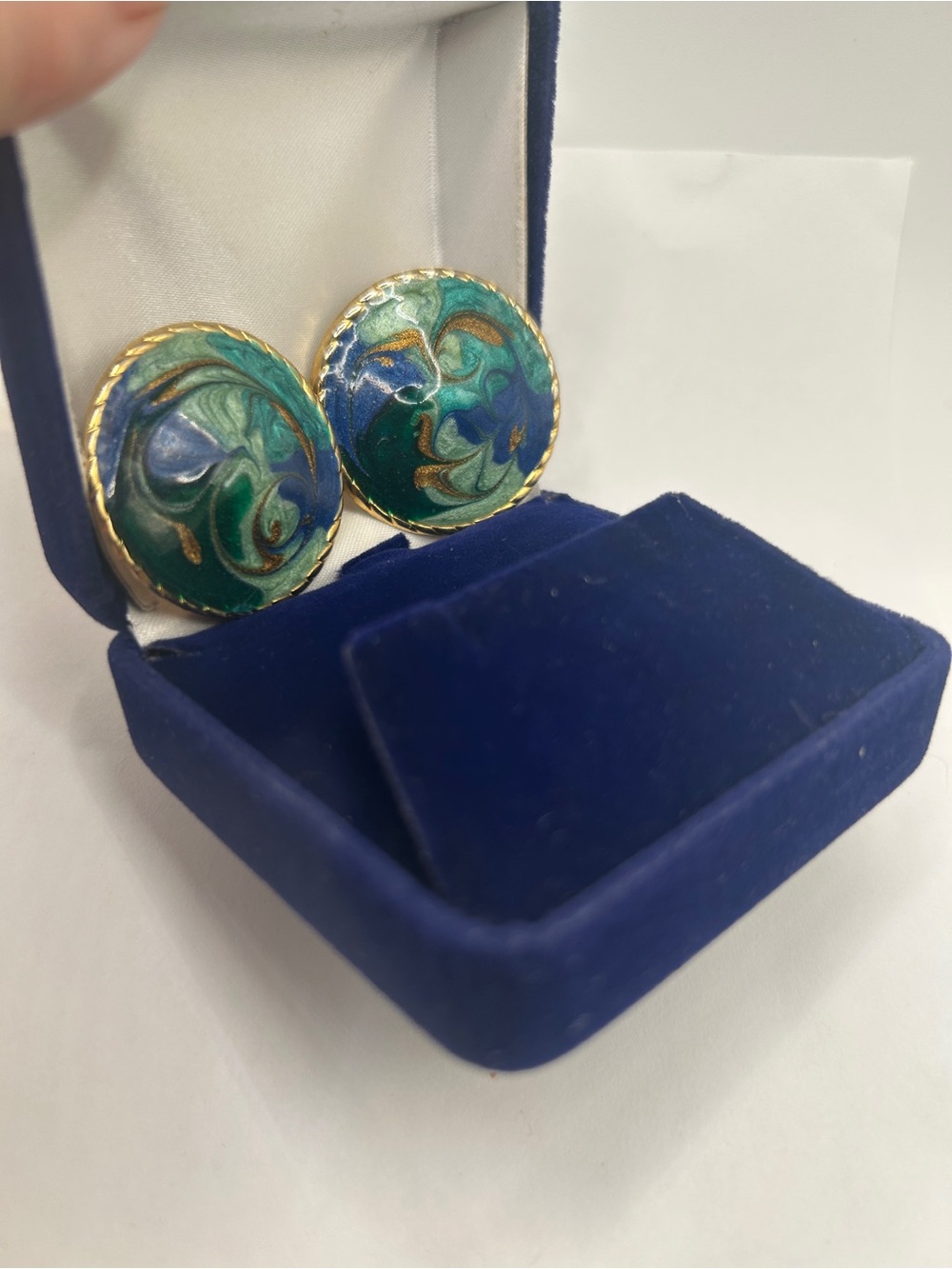 Gold-Trim Green & Blue Enamel Dome Round Earrings - Women Jewelry - Picture 8 of 9